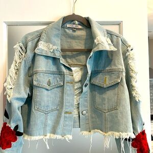Gab & Kate Cropped Jean Jacket with Floral Embroidery